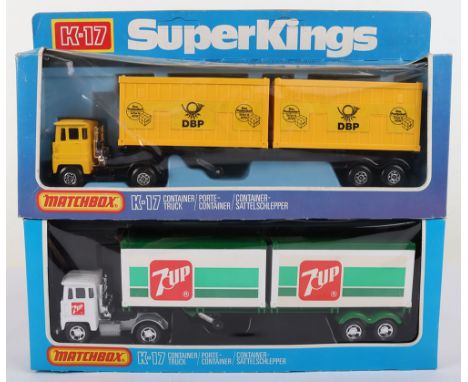 Two K-17 Matchbox Lesney Superkings Scammell Container Trucks, German Export DPB, yellow cab, black interior/ chassis, yellow