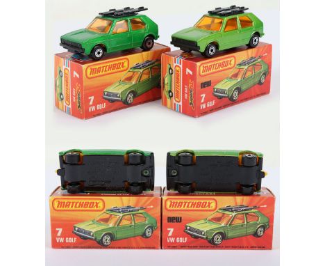 Two Matchbox Lesney Superfast Boxed Models, England: MB-7 VW Golf, 2 model and 2 box variations 1) LIGHT Green body with MATT