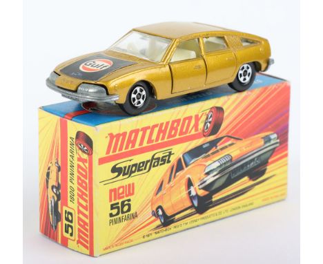 Matchbox Lesney Superfast Boxed Model, England: MB-56 BMC 100 Pininfarina with Gold body and GULF label, Ivory interior, unpa