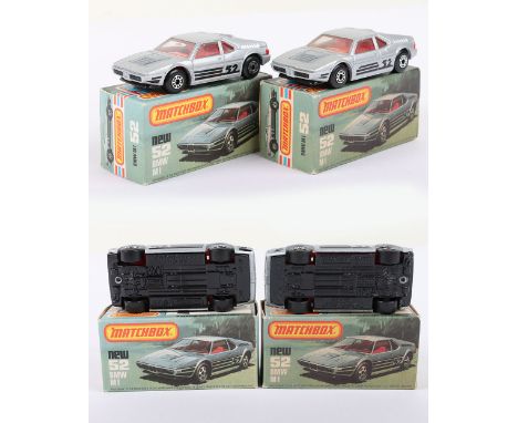 Two Matchbox Lesney Superfast Boxed Models, England: MB-52 BMW MI, 2 model and 2 box variations 1) Silver body with BLACK bas