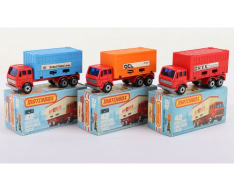 Three Matchbox Lesney Superfast Boxed Models, England: MB-42 Container Truck, 3 model variations and 3 box variations, all mo