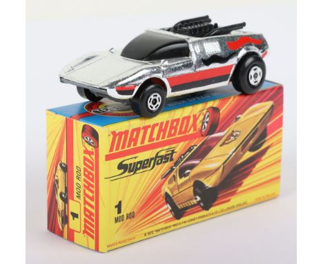 Matchbox Lesney Superfast Boxed Model, England: MB-1 Mod Rod with SILVER body and BLACK ENGINE, Black &amp; Red prints, unpai