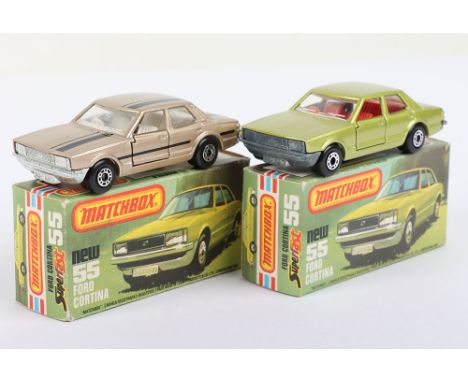 Two Matchbox Lesney Superfast Boxed Models, England: MB-55 Ford Cortina, 2 model variations 1) Green body with Red interior, 
