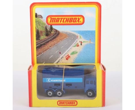 Matchbox Lesney Superfast Boxed Model, England: MB-42 Container Truck with BLUE body and ‘KARSTADT’ labels, Blue trailer with