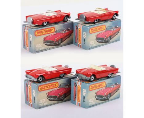 Two Matchbox Lesney Superfast Boxed Models, England: MB-42 ’57 T-Bird, 2 model with base & glass variations & 1) Red body, CL
