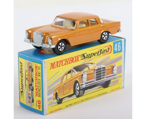 Matchbox Lesney Superfast Boxed Model, England: MB-46 Mercedes 300 SE with METALLIC ORANGE-GOLD body, unpainted base, THIN 5-