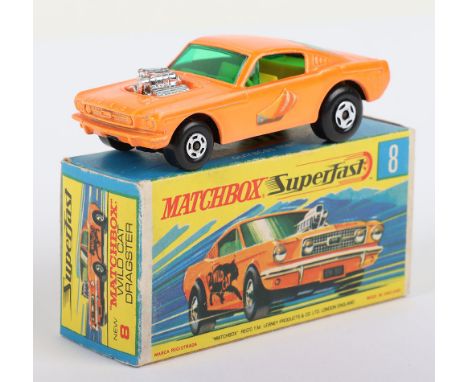 Matchbox Lesney Superfast Boxed Model, England: MB-8 Wild Cat Dragster, Orange body with scarce SAILBOAT labels, Gloss Black 