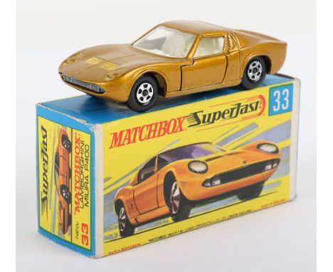 Matchbox Lesney Superfast Boxed Model, England: MB-33 Lamborghini Miura P400, Transitional model with Gold body and THIN 5-Sp