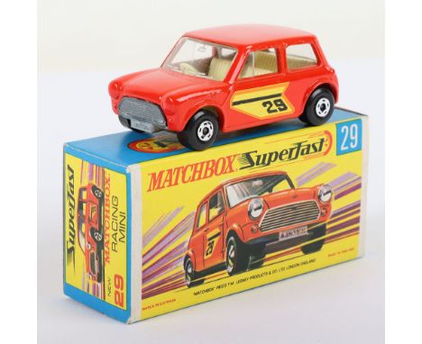 Matchbox Lesney Superfast Boxed Model, England: MB-29 Racing Mini with Orange body, 29 labels with Orange surround, unpainted
