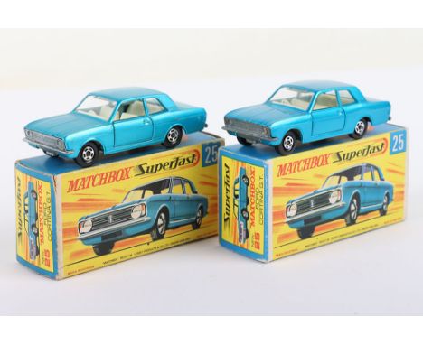 Two Matchbox Lesney Superfast Boxed Models, England: MB-25 Ford Cortina GT, 2 Transitional variation models with 1) LIGHT Blu