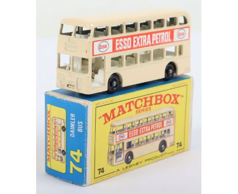 Matchbox Lesney Boxed Model, England: MB-74 Daimler Bus, regular wheel model with CREAM body and ESSO EXTRA PETROL labels, Cr