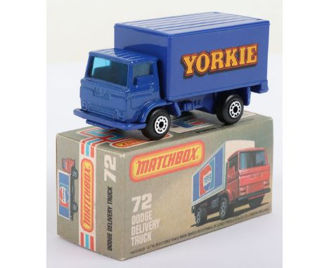 Matchbox Lesney Superfast Boxed Model, Macau: MB-72 Dodge Delivery Truck with BLUE YORKIE body, BLUE glass, wide 5-Arch wheel