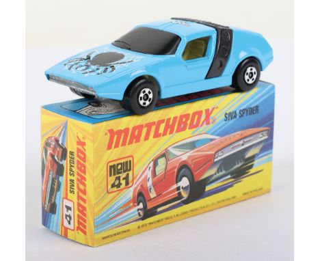 Matchbox Lesney Superfast Boxed Model, England: MB-41 Siva Spyder with LIGHT BLUE body and BLACK glass, Black Spider web prin