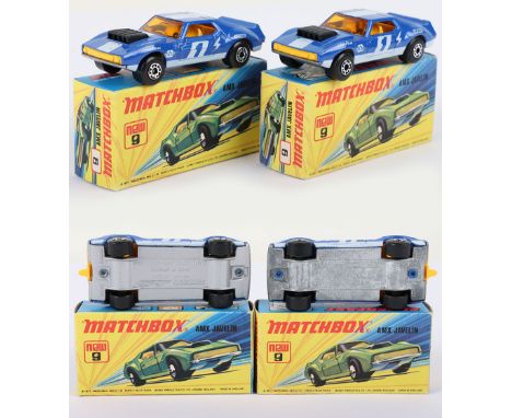 Two Matchbox Lesney Superfast Boxed Models, England: MB-9 AMX Javelin, 2 model variations both with DARK Blue body & prints 1