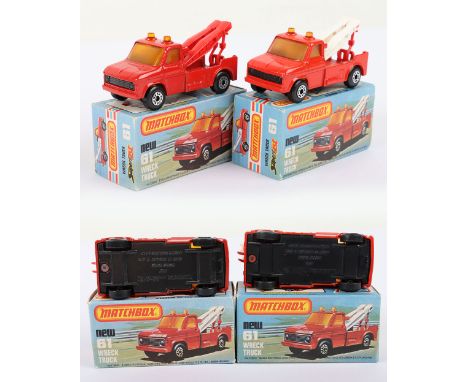 Two Matchbox Lesney Superfast Boxed Models, England: MB-61 Wreck Truck, 2 model and 2 box variations 1) Red body with MATT Bl