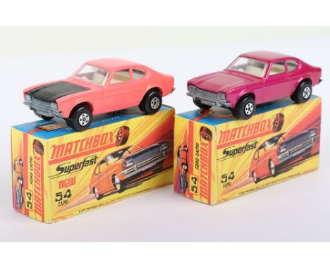 Two Matchbox Lesney Superfast Boxed Models, England: MB-54 Capri, 2 model and 2 box variations 1) Pink body with Black openin