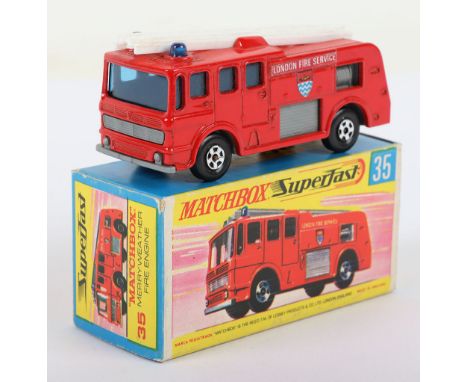 Matchbox Lesney Superfast Boxed Model, England: MB-35 Merryweather Fire Engine with THIN wheels and G box WITHOUT NEW to end 
