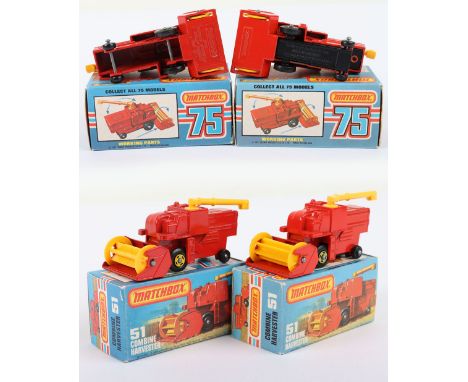 Two Matchbox Lesney Superfast Boxed Models, England: MB-51 Combine Harvester, 2 model variations 1) Red body with Black metal