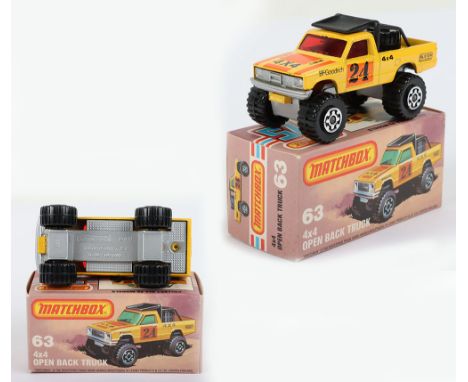 Matchbox Lesney Superfast Boxed Model, England: MB-63 4x4 Open Back truck with rarer YELLOW body as opposed to usual Orange b