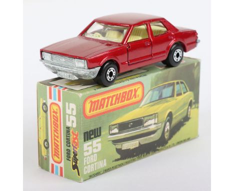 Matchbox Lesney Superfast Boxed Model, England: MB-55 Ford Cortina with RED body and LIGHT YELLOW interior &amp; Tow Hook, un