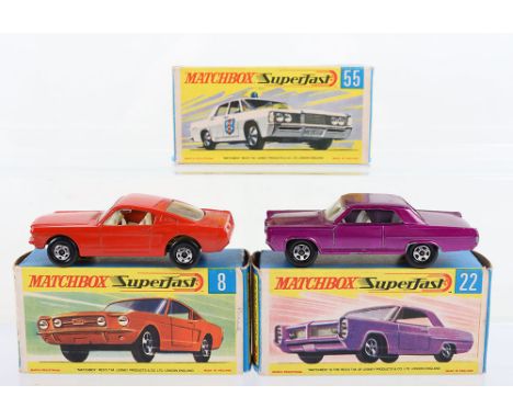 Two Matchbox Lesney Superfast Boxed models, England + 1 empty box, England: Two early 1970’s boxed models 1) Ford Mustang, RE