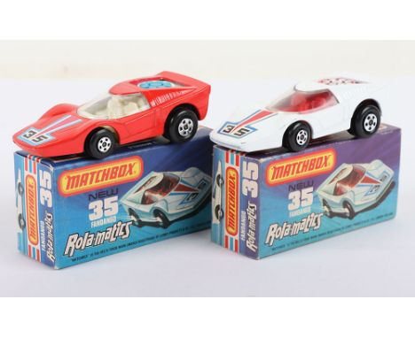 Two Matchbox Lesney Superfast Boxed Models, England: MB-35 Fandango with 2 model and 2 box variations 1) Red body with LIGHT 