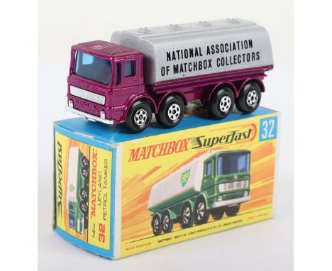 Matchbox Lesney Superfast Boxed Model, England: MB-32 Leyland Petrol Tanker with rare PURPLE body &amp; SILVER tanker, NATION