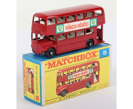 Matchbox Lesney Boxed Model, England: MB-5 London Bus with scarce F Box variation, Red body with BP Visco Static labels, Red 