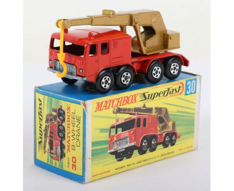 Matchbox Lesney Superfast Boxed Model, England: MB-30 8-Wheel Crane, Transitional model with Red body, Gold Crane arm with Ye