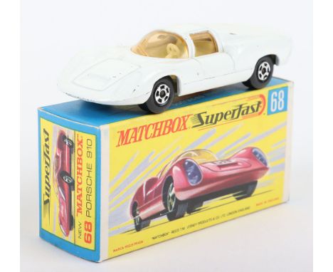 Matchbox Lesney Superfast Boxed Model, England: MB-68 Porsche 910 with rare WHITE body, Unpainted base, Wide 5-Spoke wheels, 