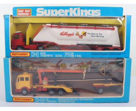 Two Matchbox Superkings K-3 Bedford ‘Kelloggs’ Grain Transporter, red/white body, black interior, 8-dot ringed wheels &amp; K