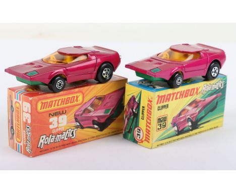 Two Matchbox Lesney Superfast Boxed Models, England: MB-39 Clipper, 2 model and 2 box variations 1) LIGHT Magenta body, Yello