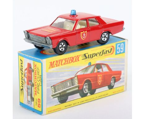 Matchbox Lesney Superfast Boxed Model, England: MB-59 Ford Galaxie Fire Chief Car with Red body, FIRE CHIEF Hood label &amp; 