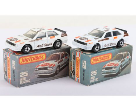 Two Matchbox Lesney Superfast Boxed Models, England: MB-25 Audi Quattro, 2 model variations 1) WHITE body with GLOSS BLACK ba