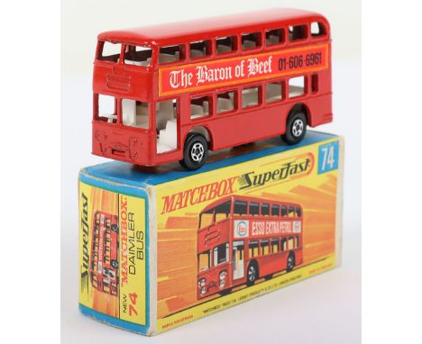 Matchbox Lesney Superfast Boxed Model, England: MB-74 Daimler Bus with THE BARON OF BEEF labels, Red body with Thin 5-Spoke w