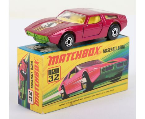 Matchbox Lesney Superfast Boxed Model, England: MB-32 Maserati Bora with rarer 3 label as opposed to usual 8 label, Wide 5-AR