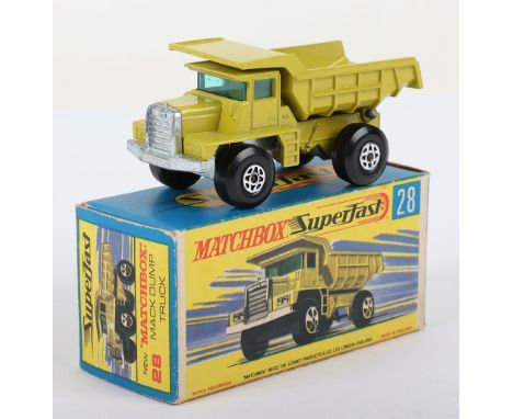Matchbox Lesney Superfast Boxed Model, England: MB-28 Mack Dump Truck, Transitional model with side steps CAST shut as oppose