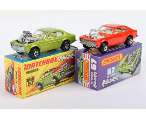Two Matchbox Lesney Superfast Boxed Models, England: MB-67 Hot Rocker Capri, 2 model and 2 box variations 1) GREEN body with 