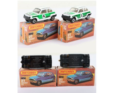 Two Matchbox Lesney Superfast Boxed Models, England: MB-21 Renault 5TL, 2 model and 2 box variations 1) White body, LIGHT Gre