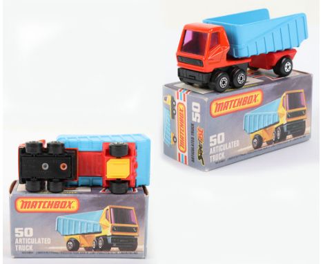 Matchbox Lesney Superfast Boxed Model, England: MB-50 Articulated Truck with rare RED paintwork, RED cab, Blue trailer with R
