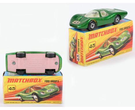 Matchbox Lesney Superfast Boxed Model, England: MB-45 Ford Group 6 with PINK BASE, Metallic Green body with 45 label, wide 5-