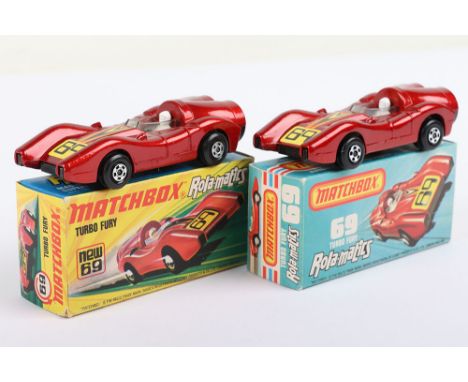 Two Matchbox Lesney Superfast Boxed Models, England: MB-69 Turbo Fury, Rola-Matics models with 2 box variations, both models 