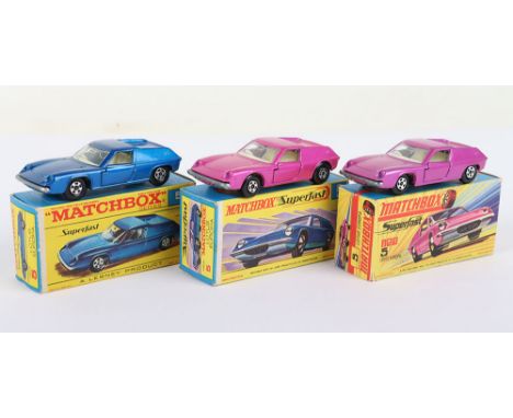 Three Matchbox Lesney Superfast Boxed Models, England: MB-5 Lotus Europa, 3 model and 3 box variations 1) Blue body, Unpainte