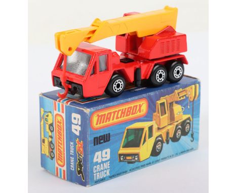Matchbox Lesney Superfast Boxed Model, England: MB-49 Crane Truck with RED body, CLEAR glass as opposed to Green glass, Yello