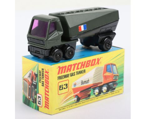 Matchbox Lesney Superfast Boxed Model, England: MB-63 Freeway Gas Tanker, rarer DARK OLIVE DRAB paintwork with FRENCH FLAG la