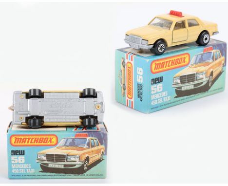 Matchbox Lesney Superfast Boxed Model, England: MB-56 Mercedes 450 SEL TAXI with rarer SILVER PAINTED BASE as opposed to unpa