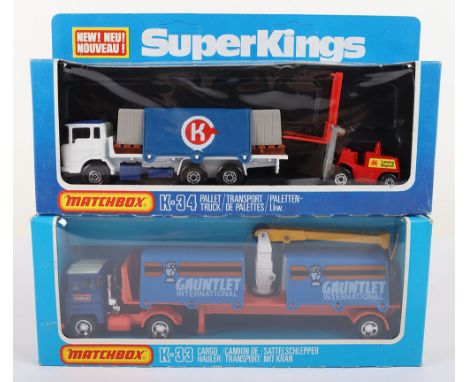 Two Matchbox Superkings, K-33 Scammell Cargo Hauler ‘Gauntlet International’  blue/white /orange cab, white interior, orange 