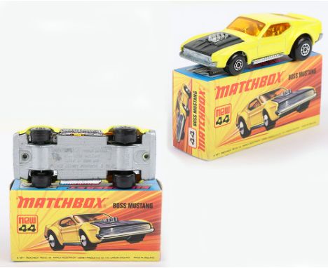 Matchbox Lesney Superfast Boxed Model, England: MB-44 Boss Mustang with rare SILVER painted base, Yellow body with Dark Amber