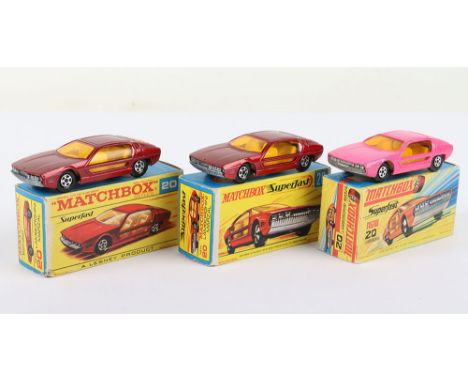 Three Matchbox Lesney Superfast Boxed Models, England: MB-20 Lamborghini Marzal, 3 model and 3 box variations 1) Red body, Un