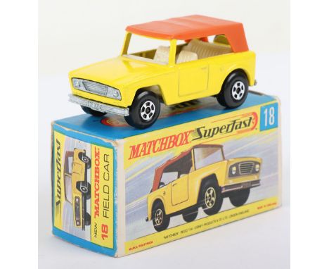Matchbox Lesney Superfast Boxed Model, England: MB-18 Field Car Field Car, Transitional model with Yellow body and G box, unp